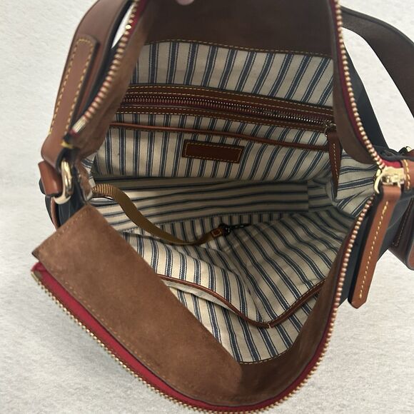 Dooney & Bourke Hobo Purse Black Nylon Cognac Leather Detail Pockets Logo Zipper - Picture 15 of 16